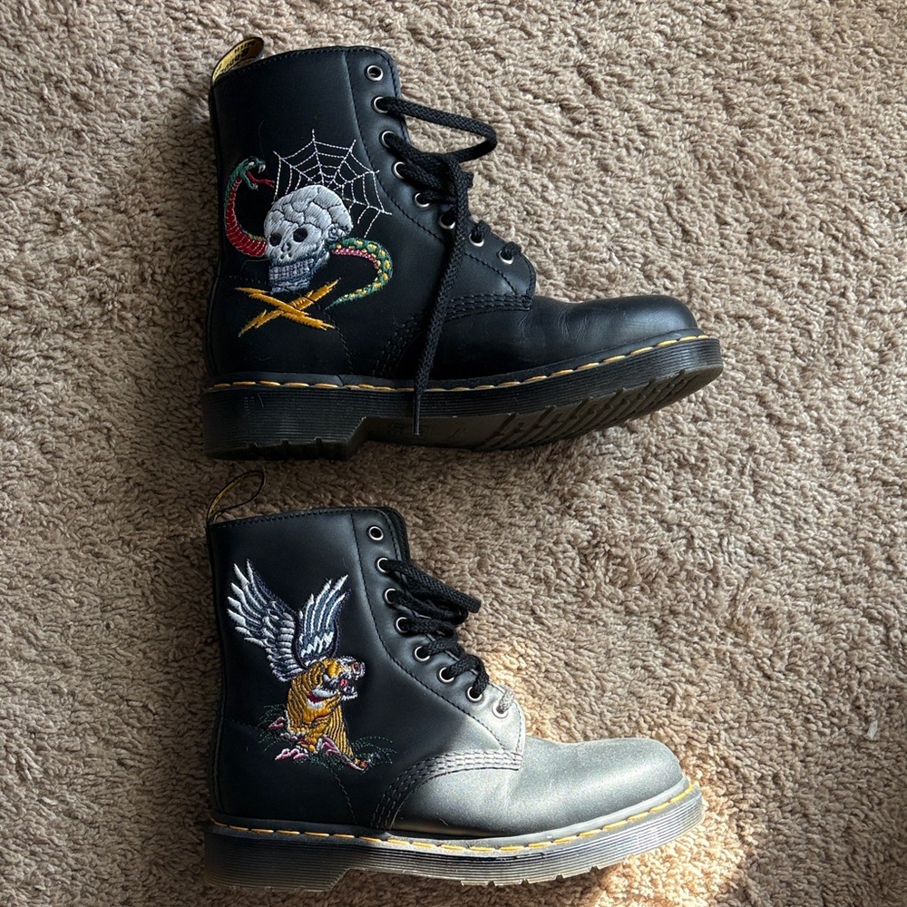 Dr. Martens Black Lace Up Boots with Embroidered Skull and Eagle
